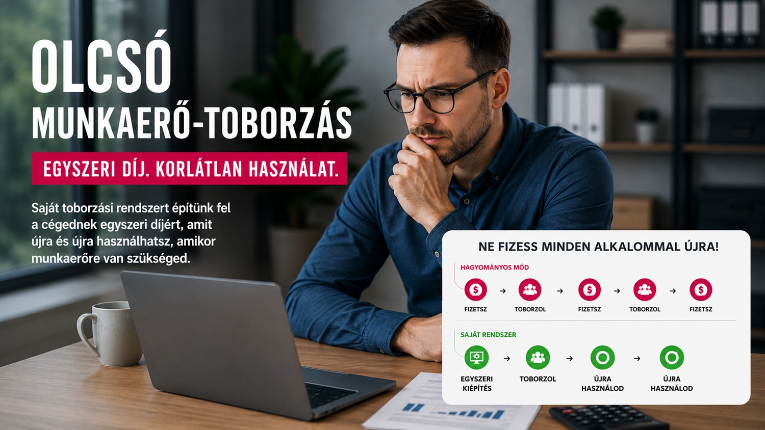Férfi szemüvegben laptop előtt olcsó munkaerő toborzási megoldásról olvas, promóciós szöveg és folyamatábra látható a képernyőn.