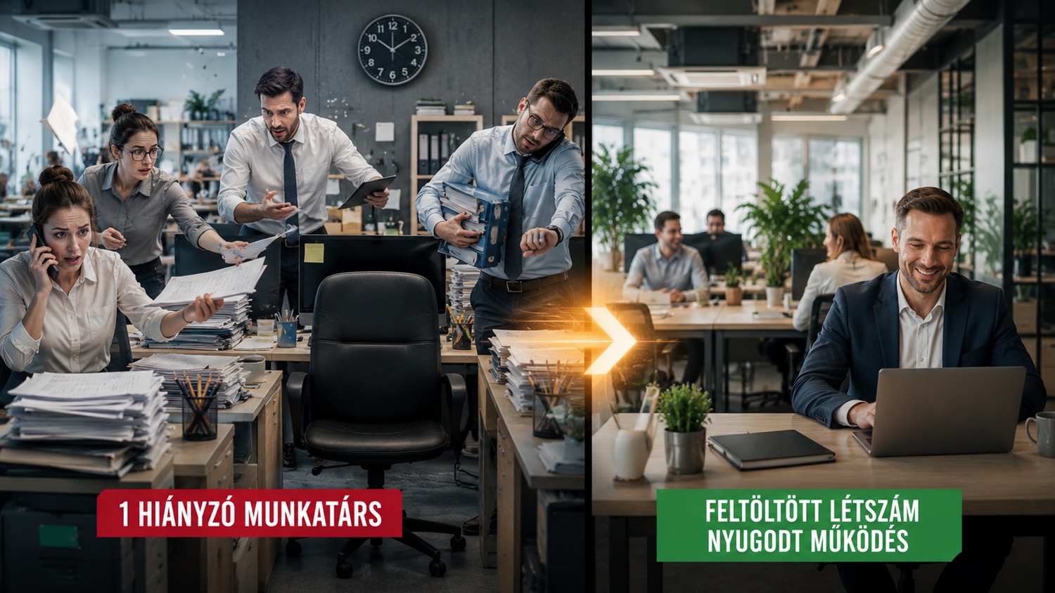 Irodában dolgozó csapat, egyik oldalon hiányzó munkatárs, másikon nyugodt működés a saját toborzási rendszerrel.