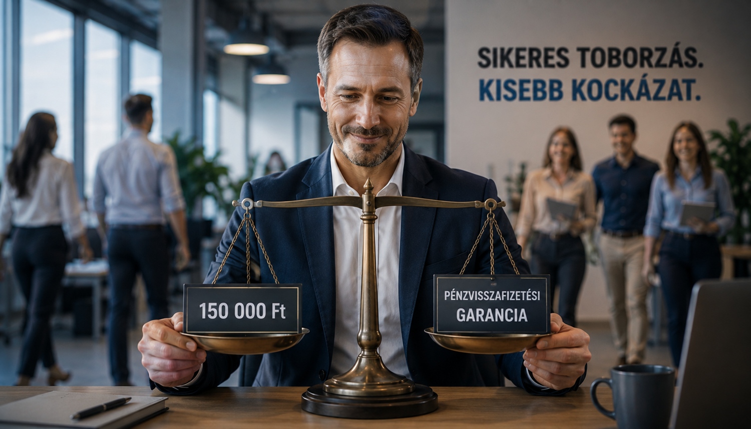 Mosolygó üzletember mérlegeli az örökös használatú munkaerő toborzási rendszerének 150000 Ft-os díját és a hozzá kapott pénzvisszafizetési garanciát.