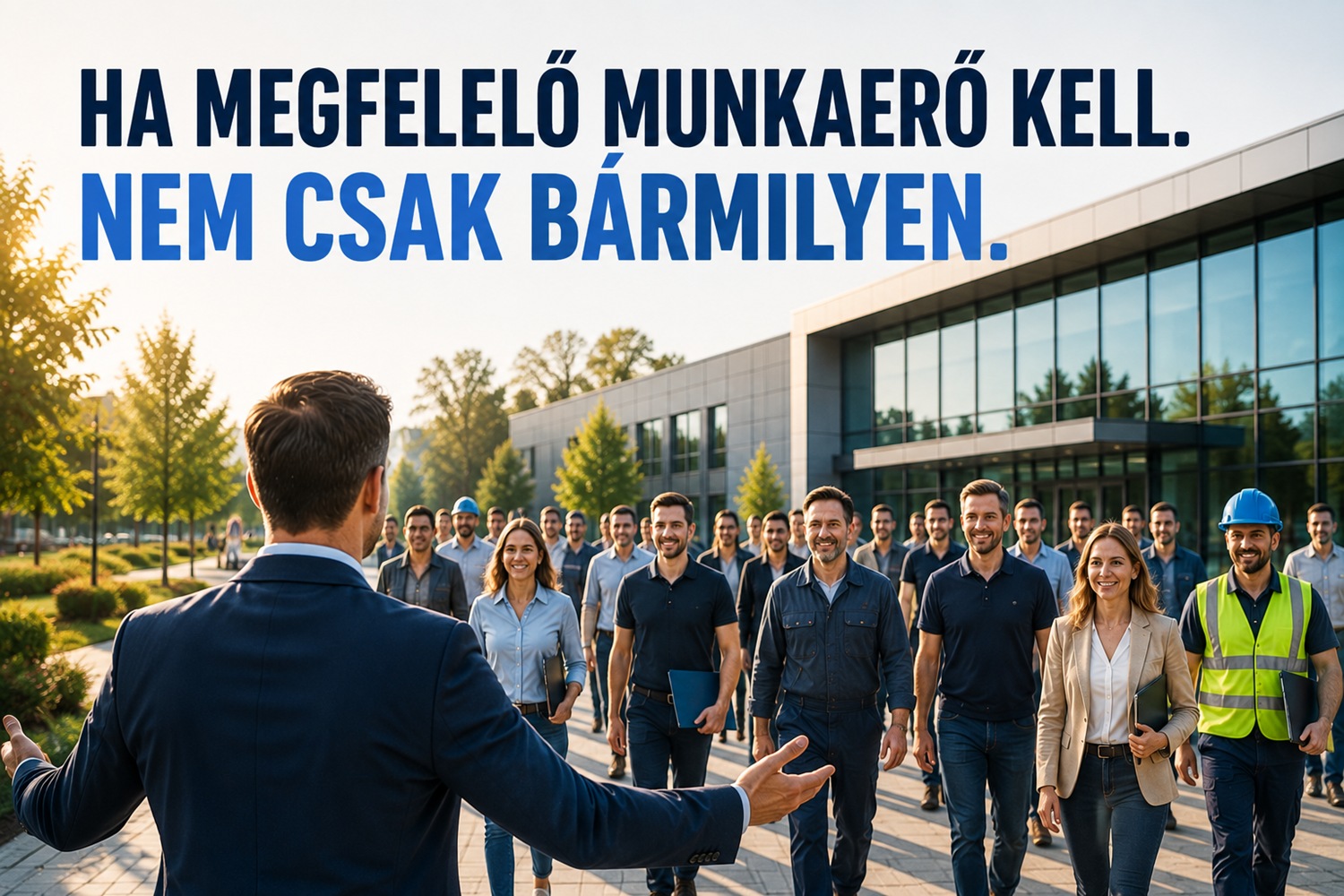 Cégvezető üdvözli a saját toborzási rendszeréből érkező előszűrt munkatársakat. A kollégák mosolyogva érkeznek az első munkanapjukra.