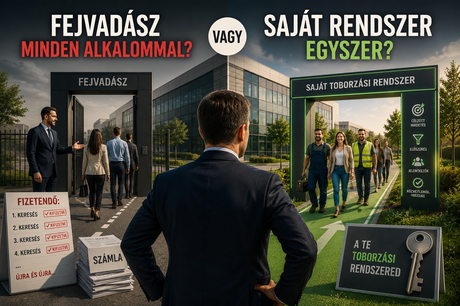 Cégvezető éppen eldönti, hogy fejvadásszal dolgozik és fizet neki minden alkalommal, vagy saját toborzási rendszert választ, amivel egyszeri díjért korlátlanul toborozhat.