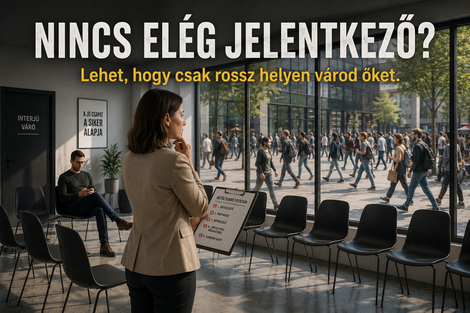 HR-es tárgyalóteremben áll, és tanácstalanul tapasztalja, hogy csak egy ember jött el az állásinterjúra, miközben a háttérben rengeteg értékes munkaerő sétál, akik nem is tudnak erről az álláslehetőségről.