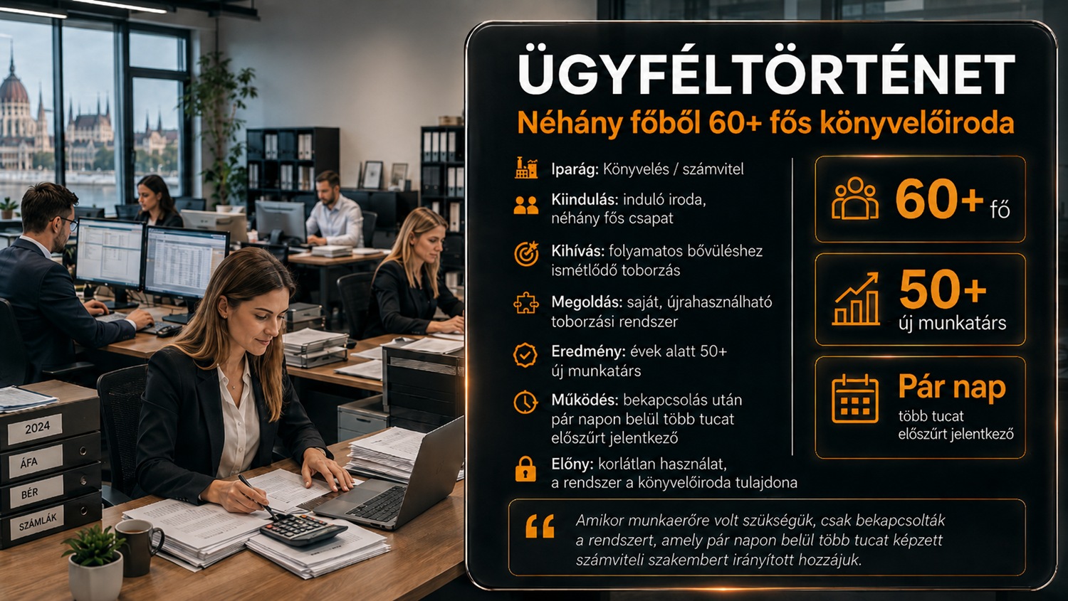 Leszmunkaerőm ügyféltörténet, amelyben egy néhány fős budapesti könyvelőiroda néhány év leforgása alatt több mint 60 főre bővült többek között a toborzási rendszer használatának köszönhetően.