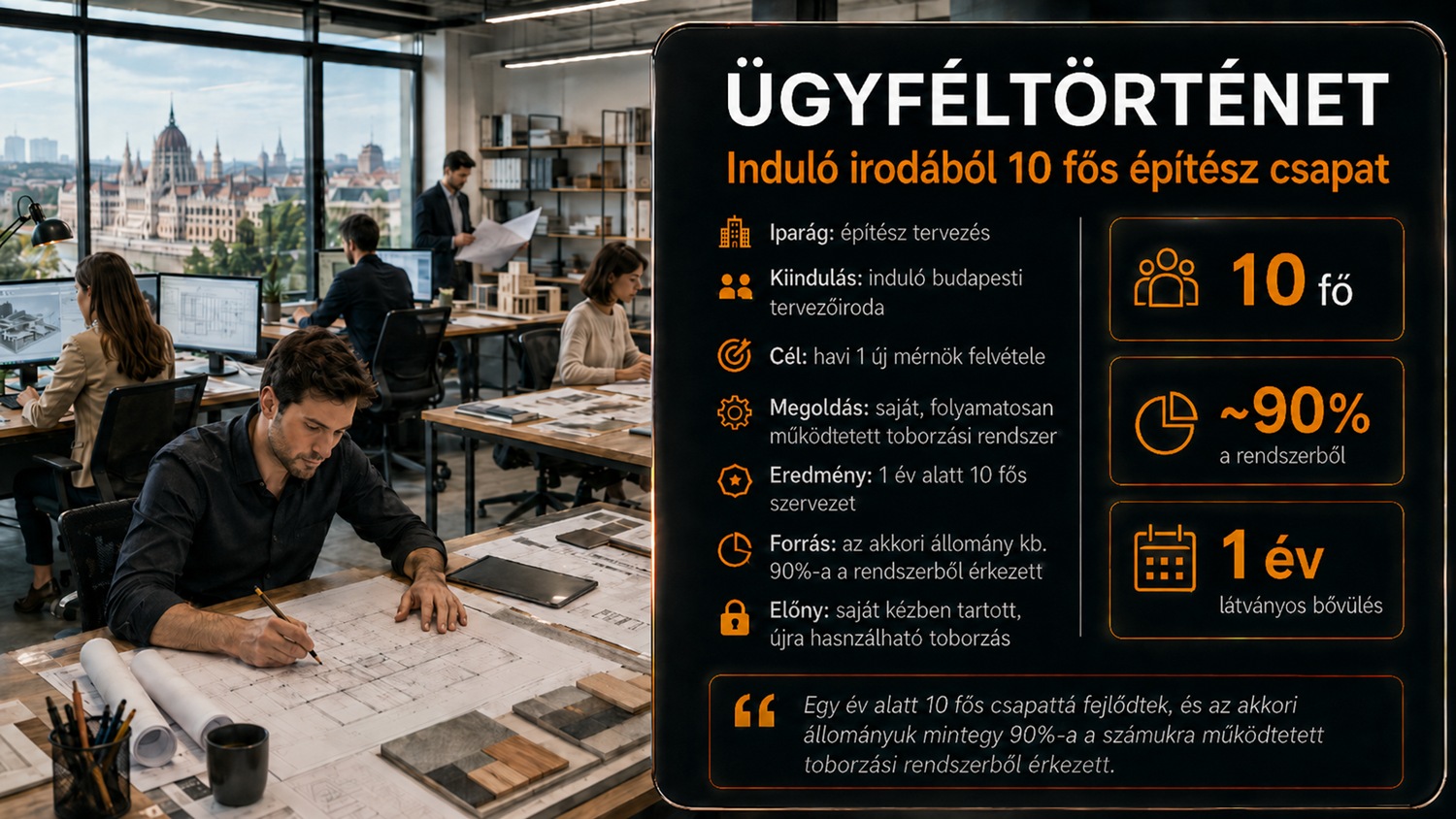 Leszmunkaerőm ügyféltörténet, amelyben egy induló építész tervezőiroda 1 év leforgása alatt 10 fősre bővült többek között a toborzási rendszer használatának köszönhetően.